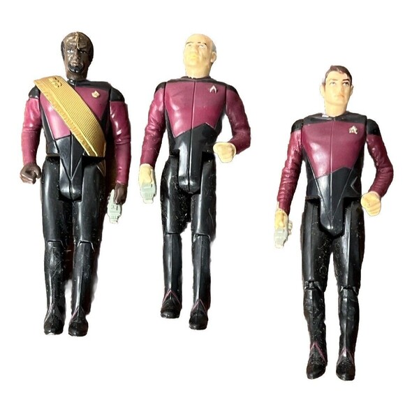 1988 STAR TREK TNG Bridge Crew Picard Worf‎ Riker Action Figure Set Galoob Lot 3 - Picture 1 of 4